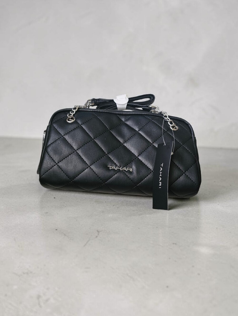 Tahari CALISTA SATCHEL Black Quilted Crossbody with Silver Chain NWT